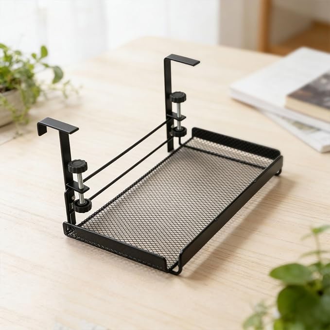 Adjustable Under Desk Cable Management Tray, 4.5-8.5cm Height Carbon Steel Wire Organizer Shelf for Office Home, No Drill Hanging Cord Holder Rack, Black or White(Black L)