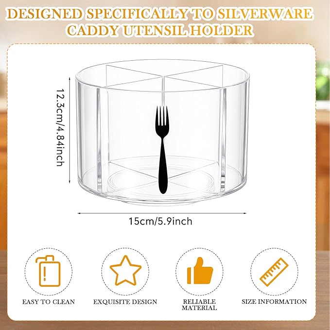 360° Rotating Acrylic Utensil Caddy, 4 Compartment Plastic Silverware Cutlery Holder Countertop Flatware Storage Organizer for Kitchen Office Desk Picnic Camping Party