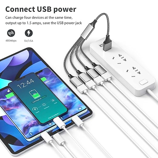Fidioto 4USB Extention Cable,USB 1 Male to 4 Female Extension Cord Connector,Four USB Port Extender Hub,Data&Charger Power Split Adapter