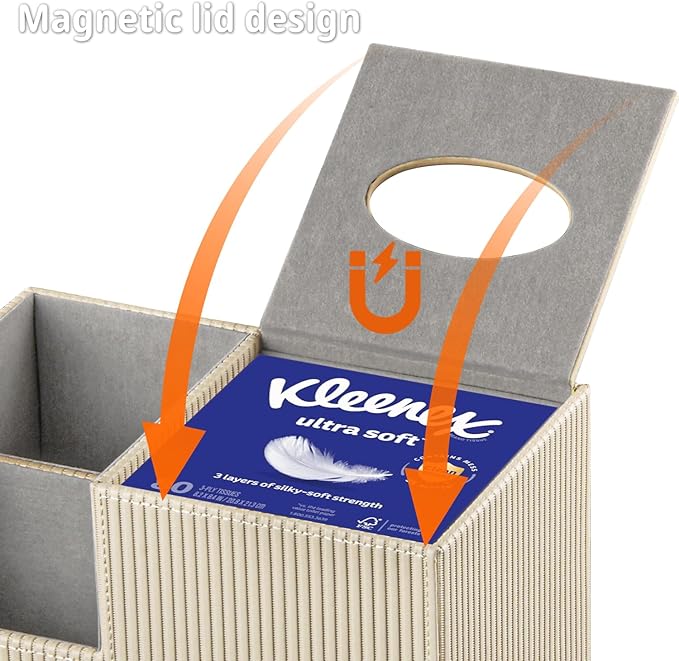 Square Tissue Box Cover with Storage, PU Leather Cube Tissue Box Holder, Remote Control Nightstand Organizer, Modern Desk Caddy for End Table, Bathroom, Bedroom, Home, Office Decor