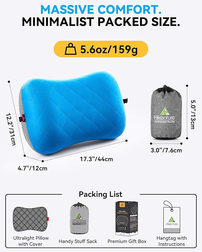 Hikenture Camping Pillow with Removable Cover - Ultralight Inflatable Pillow for Neck Lumbar Support - Upgrade Backpacking Pillow - Washable Travel Air Pillows for Camping, Hiking, Backpacking