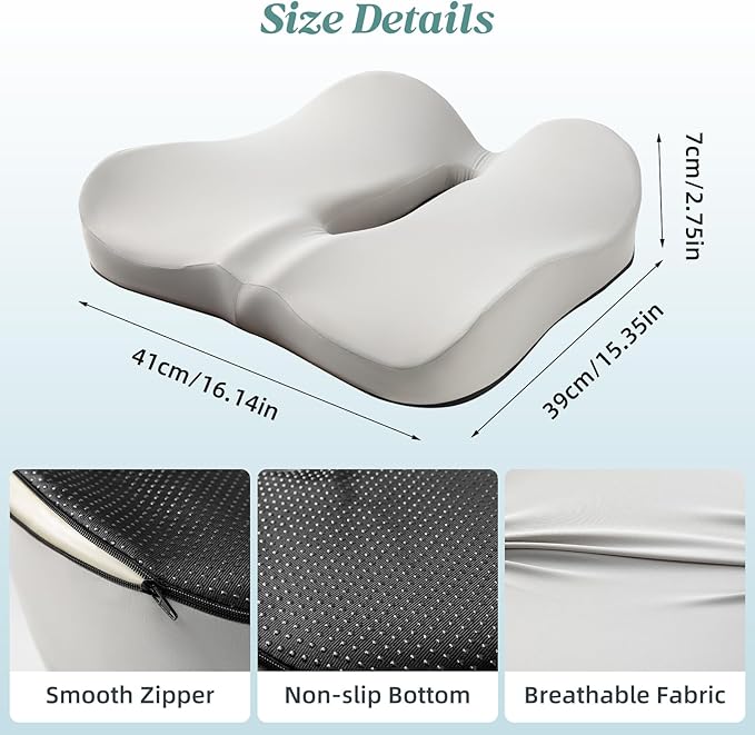 SheRest Seat Cushion, Ergonomic Memory Foam Cooling Cushion, Pressure Relief Suitable for Long Sitting Hours on Office Chairs, Desks, Cars and Airplane Seats, Gray