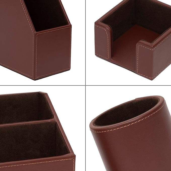 6 Piece Office Supplies/Desk Organizer Set with Desktop Leather Writing Pad,File Paper Tray,Magazine folder Holder, Pen Cup,Sticky Note Holder,Letter Mail Sorter,Workspace Decor for Women Men Brown
