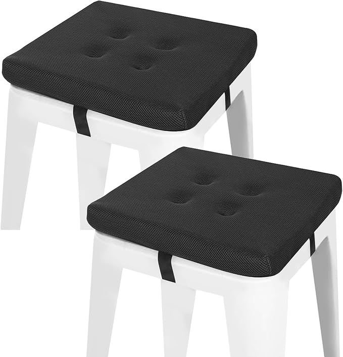 baibu 12 Inches Memory Foam Square Stool Cushions with Ties Set of 2, Dual-Layer Design Breathable Square Chair Pads Seat Cushions with Non-Slip Bottom - Only 2 Pads (12" (2PC), Black)