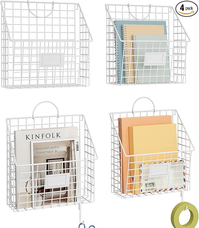 Yuzehuaza Wall File Organizer Metal Hanging File Organizer,Wall Mount File Holder, Magazine Rack and Mail Holder with Hooks for Home Office, 4 Packs, White(Patent Pending)