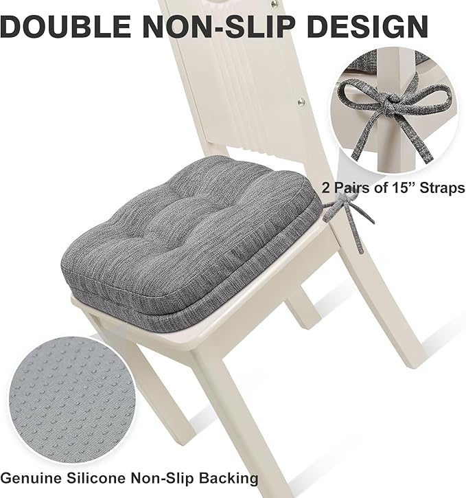 Shinnwa Kitchen Chair Cushions Set of 2, Dual-Layer Memory Foam Dining Chair Cushions, Patented Design Seat Pads with Ties, 16.5 x 16.5 x 3.5in, 2 Pack, Grey