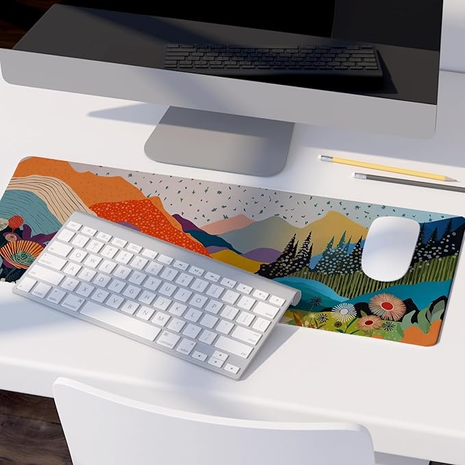 Abstract Colorful Boho Mountain Wildflower Mouse Pad,Aesthetic Nature Landscape Desk Mat,Spring Summer Botanical Forest Mousepad for Home Office Dorm Desktop Decor,31.5x11.8 Inch