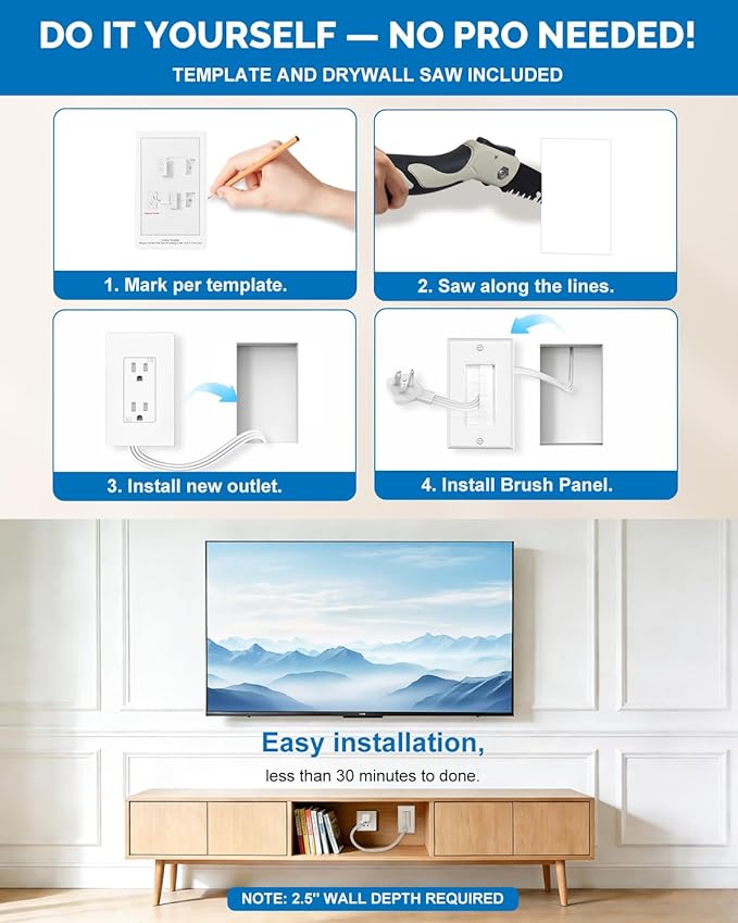 in-Wall Cable Management Kit with Recessed Outlet Box, Dual Outlet Extender for Wall Mount TV, 9.8ft Extension Cord, Easy Install w/Drywall Saw, UL Listed, TR Safe Outlet Relocation Kit