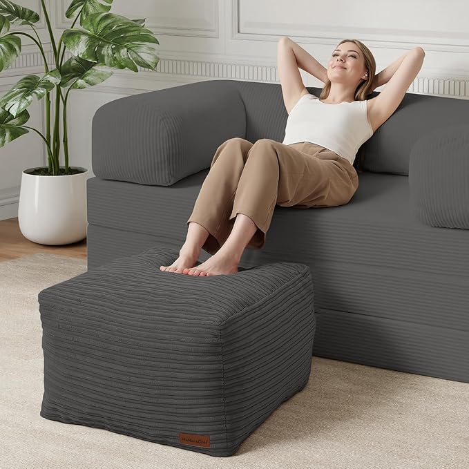 MeMoreCool Square Stuffed Pouf Ottoman Foot Rest, Stripe Furry Floor Pouf Foot Stool with Foam Chunk Filling, Soft Fluffy Stuffed Ottoman Footrest for Living Room, Corduroy Grey