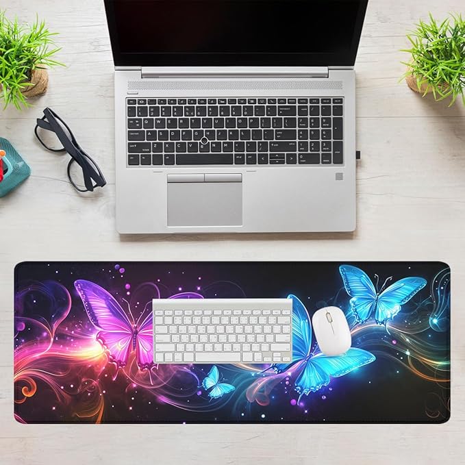 Neon Butterfly Desk Mat Magic Colorful Fantasy Dream Mousepad XL Large Gaming Mouse Pad Laptop Keyboard Mat Desk Pad 31.5"x11.8"