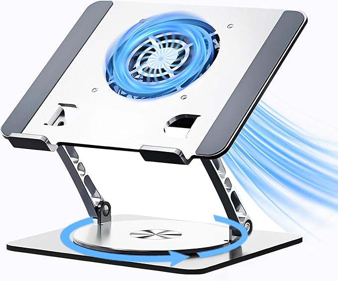 Laptop Stand with Cooling Fan，360°Rotatable Framework，Ergonomic Adjustable Riser for 10-17'' Gaming/Binge-Watching/Office Use - Silver