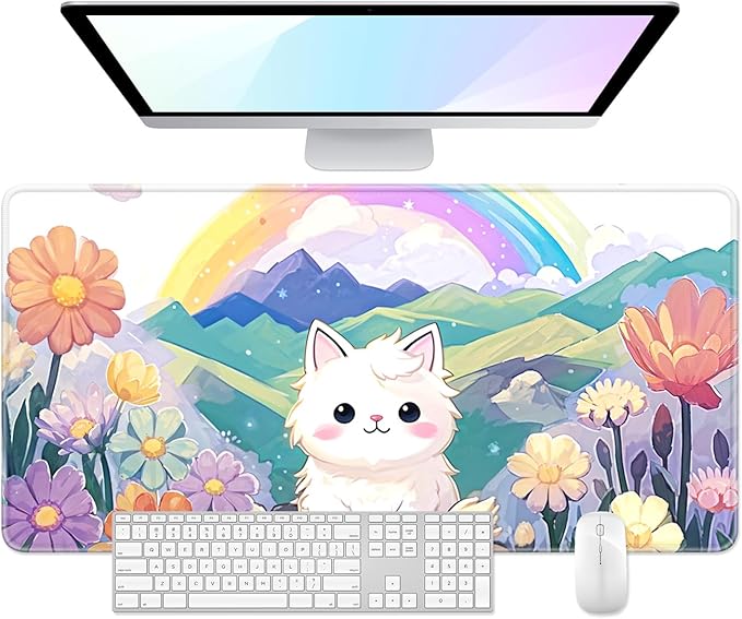 Desk Pad, 32" x 16" XXXL Extended Large Gaming Mouse Pad, Desktop Decor Desk Mat, Men Women Office Supplies and Accessories, Cute Anime Mouse Mat for Laptop & Keyboard, Rainbow Cute Cat