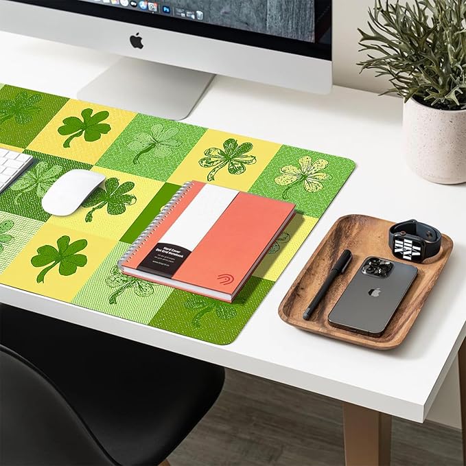 Four-Leaves Clover Mouse Pad PU Leather Green Lucky Desk Mat Large Waterproof Gaming Pad Non-Slip Keyboard Mouse Pad Writing Pad for Gamer Office&Home