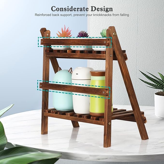 Jotsport 2 Tier Tabletop Plant Stand Step Style Desktop Storage Organizer Wood Display Shelf Decorative Storage Rack, Foldable Small Plant Shelf