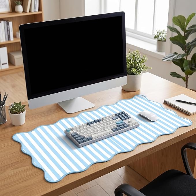 Scalloped Desk Mat Extended Large Cute Striped Mouse Pad Big Desk Pad XXL Aesthetic Stripe Mousepad Gaming Mouse Pad for Keyboard Computer Laptop Home Office Accessories 31.5X15.7Inches Blue White
