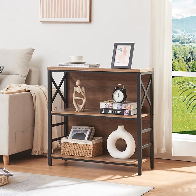 MNEETRUNG Small Bookshelf,3 Tier Industrial Bookcase with Metal Frame and Backboard,Low Rustic Brown Book Shelf,Book case for Small Spaces,Living Room,Bedroom and Home Office