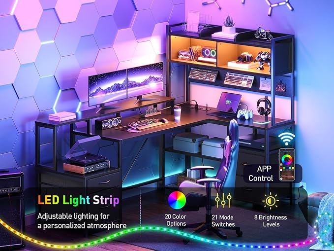 RALGEND 75" L Shaped Gaming Desk with Hutch, L Shaped Desk with Drawers, LED Light, Power Outlets & Pegboard, Corner Desk with Storage Shelves & Monitor Stand for Home Office, Black