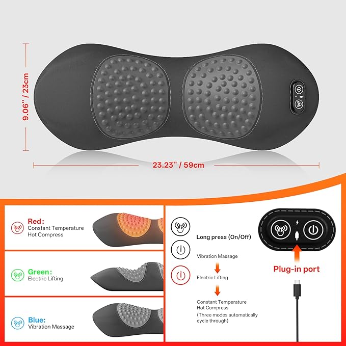 3-in-1 Electric Lumbar Support Pillow for Bed & Chair, Back Massager with Heated, Vibration and Traction, Triple Fusion Lower Back Support for Pain Relief and Relaxation - Dark Gray