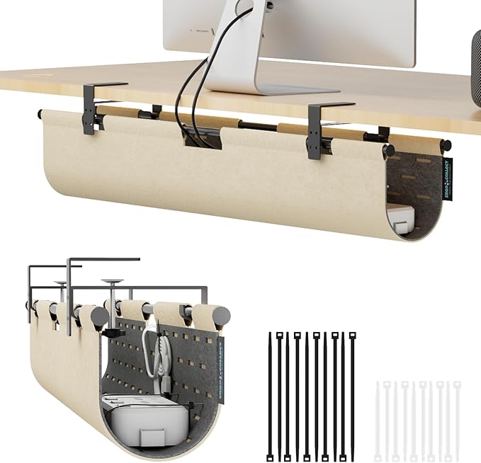 No Drill Under Desk Cable Management Tray, 30" Felt Cord Organizer for Table, Clamp/Screw Mount Wire Management with Privacy Panel for Standing Desk & Home Office (Khaki/Gray)