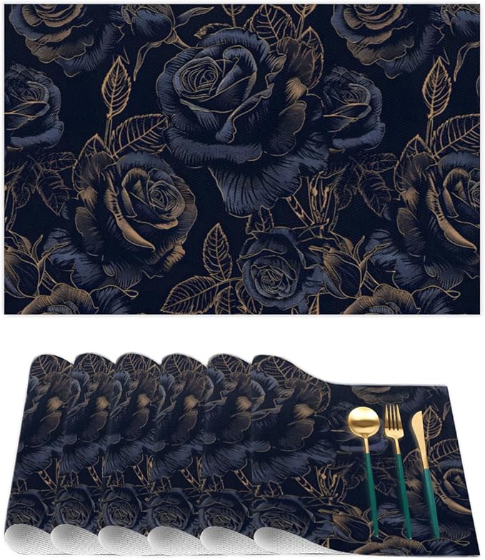 Placemats Set of 4 Heat-Resistant Rectangle Place Mats Black Flower Rose Washable Plastic PVC Dining Table Mat Non-Slip Wipeable Woven Vinyl Placemat for Kitchen Patio Table Decor