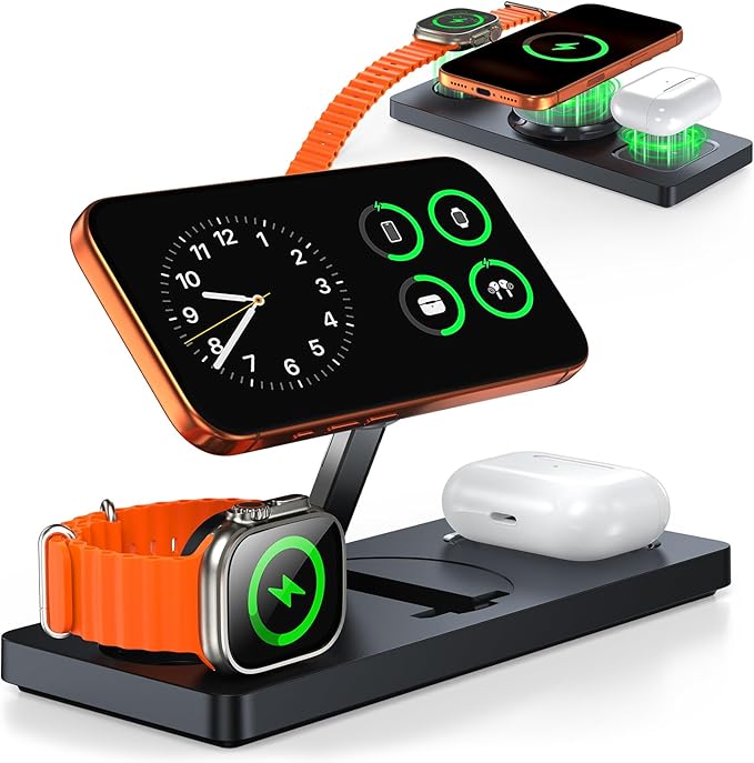 Foldable 3-in-1 Wireless Charging Station for Apple Magsafe Charger Stand, Travel-Friendly Fast Magnetic Wireless Charger Station for iPhone 17/16/15/14/13/12, Apple Watch & AirPods Series, Black