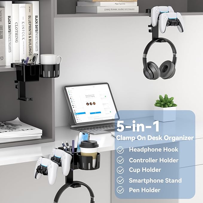 KDD 5 in 1 Desk Controller Holder - Rotating Headphone Hanger with Cup Holder - Clamp On Desk Organizer Holds Controller, Headphone, Cup, Mobile Phone and Pen(Black)