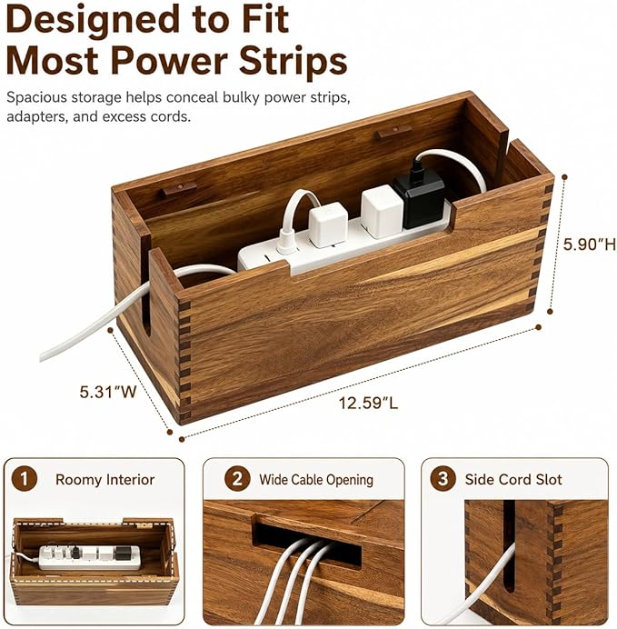 Wooden Cable Management Box with Detachable Phone Stand, Cord Organizer Box for Power Strip & Charger, Ventilated Wire Storage Box with Storage Tray for Desk, Nightstand & Home Office (Brown)