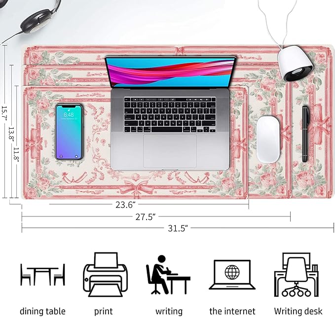 Desk Mat Large Mouse Pad, Non-Slip PU Leather Gaming Mousepad Keyboard Mouse Mats Desk Pads 31.5"x15.7" for Work Office Decor Gifts Pink Bow