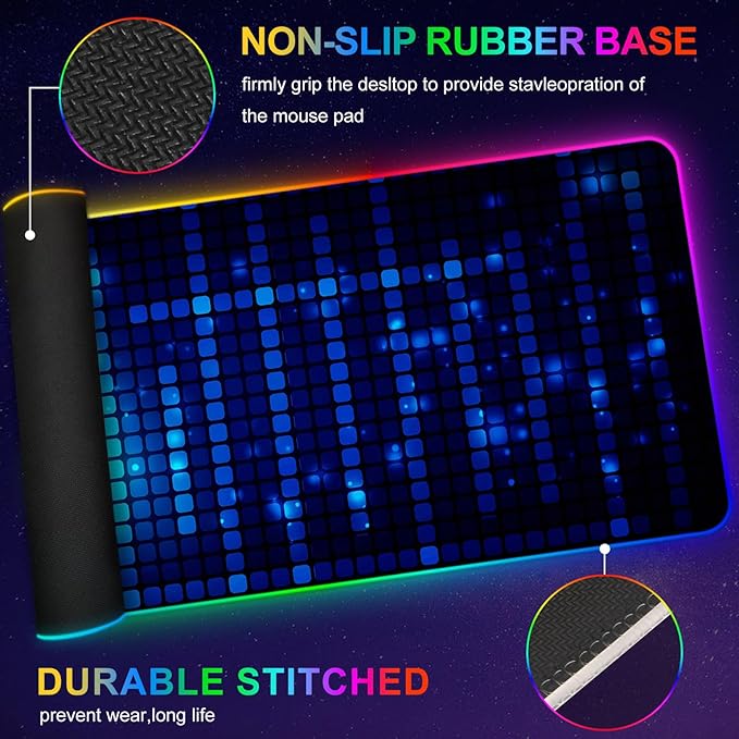 ARTSO Blue RGB Gaming Mouse Pad, XXL Mousepad Non-Slip Rubber Base, Cool Computer Desk Pad Keyboard Mat LED Glowing Square Extended Mouse Pad for Gamer