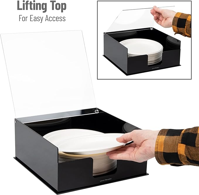 Mind Reader Paper Plate Holder, Covered Dispenser, Dinner Party Essentials, Plate Caddy, Acrylic, 11"L x 11"W x 5"H, Black