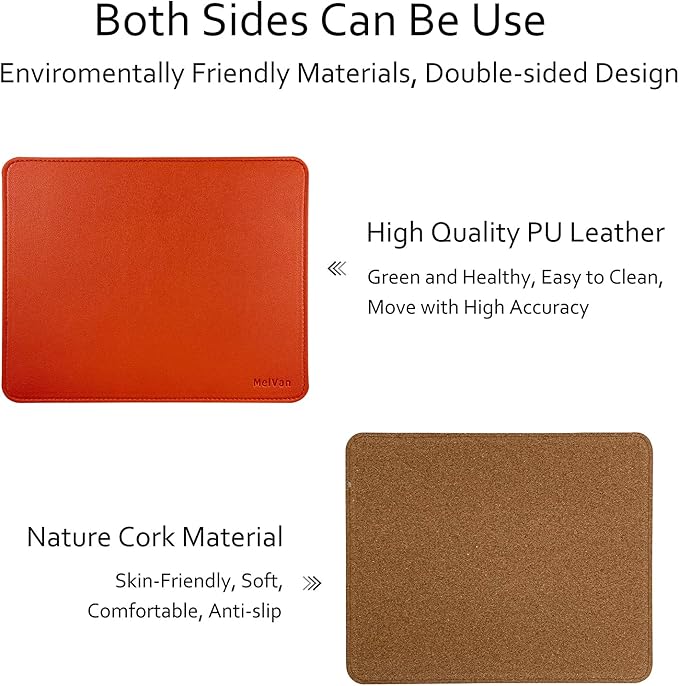MelVan PU Leather Mouse Pad with Stitched Edge, Wood Mousepad, Waterproof Gaming Mouse Pad Mat for Computers, Laptop, Office & Home, 10.2" x 8.3", 1 Pack (Orange)