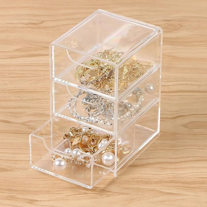 Small Desk Organizer with Drawer, 3-Layer Clear Desktop Organization Mini Storage Box with Drawers for Desk, Office Supplies, Jewelry Storage Box, Pack of 1
