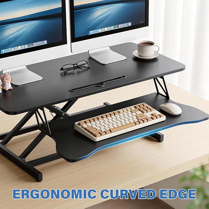37" Height Adjustable Standing Desk Converter, Two Monitor Stable Stand up Desk Converter, 5.9"-18.8" Height Adjustable Laptop Workstation with Keyboard Tray, Desktop Riser for Home and Company