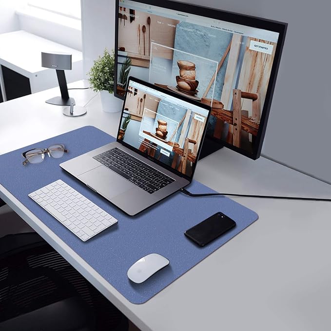 TOWWI PU Leather Desk Pad with Suede Base, Multi-Color Non-Slip Mouse Pad, 24” x 14” Waterproof Desk Writing Mat, Large Desk Blotter Protector(Gray-Blue)
