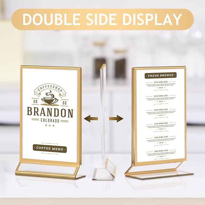 Petallush 6PCS Gold Acrylic Picture Frame Stands Holders for Tables Display 4x6, Double Sided Acrylic Wedding Table Number Sign Holder, Clear Menu Flyer Paper Holder for Wedding Party Decor