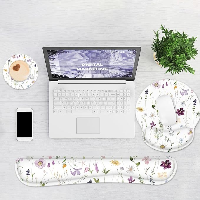 Ergonomic Mouse Pad with Wrist Rest and Keyboard Wrist Rest, Mousepad and Wrist Rest for Computer Keyboard, Pain Relief, Non-Slip Rubber Base, Mouse Pad Wrist Support for Gaming, Flowers and Plants