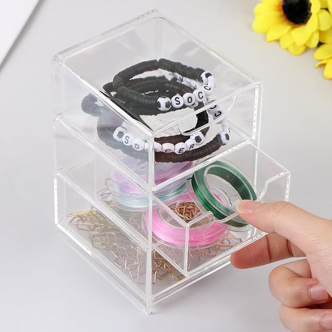 Small Desk Organizer with Drawer, 3-Layer Clear Desktop Organization Mini Storage Box with Drawers for Desk, Office Supplies, Jewelry Storage Box, Pack of 1