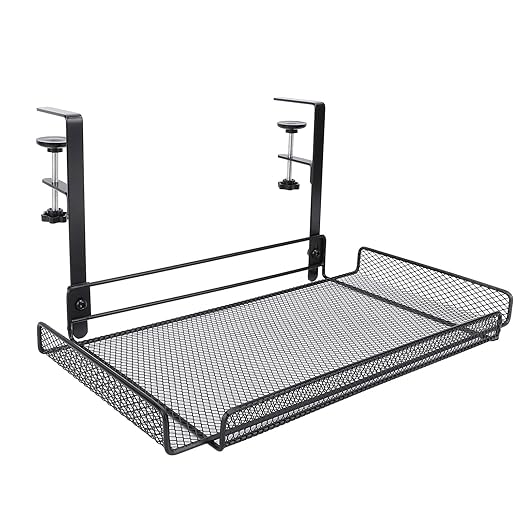 Under Desk Cable Management Tray, 14.4 x 7.9 x 6.9 Inch Large Cpacity Metal Mesh Desk Cable Tray with Clamp Mount No Drill Carbon Steel Desk Cable Organizer for Home Office (Black)