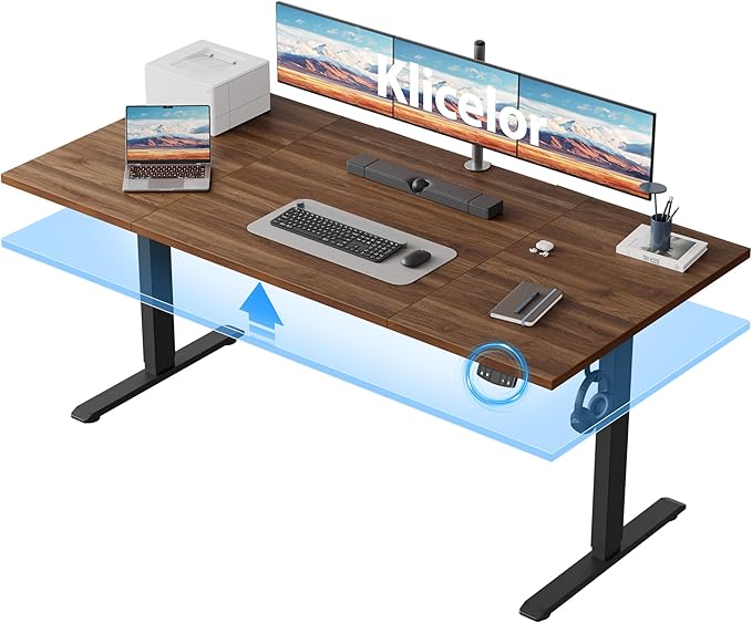 Klicelor 63 Inch Large Electric Standing Desk, Height Adjustable Office Desk, Sit Stand Up Computer Gaming Desk with Memory Preset, Three-Piece Desktop, Dark Walnut