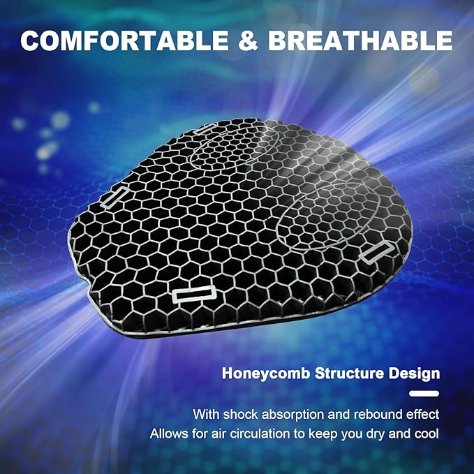 Motorcycle Seat Cushion, 3D Honeycomb Gel Pad, Pressure Relief Shock Absorption, Breathable Non-Slip Universal Cover for Long Ride, Fits Cruiser Street Touring Bike (Four Seasons)