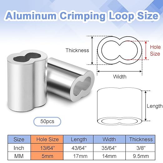 CooBigo 50Pcs 5/32""Cable Crimp Sleeves, Aluminum Wire Rope Crimping Loop Sleeve. Cable Ferrules for Cable and Wire Rope Crimp Double Barrel Crimp Sleeves (M4-5/32"")