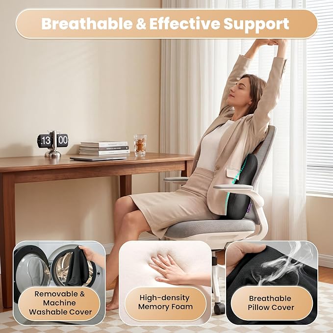 ZZ-WELL Lumbar Support Pillow - Back Support Pillow for Office Work Chair - Memory Foam Chair Back Cushion for Mid Lumbar Back Pain, Posture Improved - Adjustable Straps, Breathable Cover (Black)