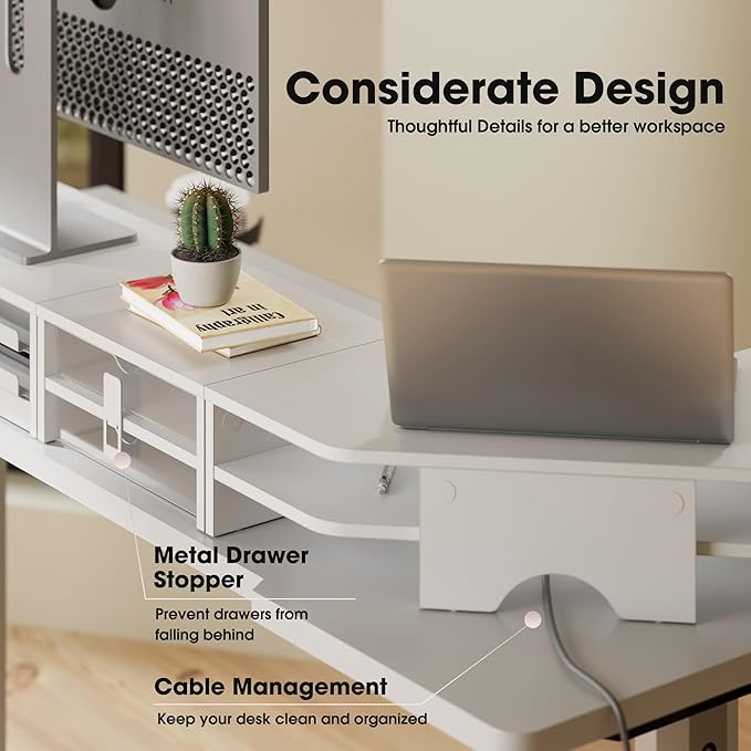 Fenge L Shape Monitor Stand Riser, Corner Triangle Computer Monitor Shelf with Drawers and Slide-out Trays, Wooden Desk Shelf Organizer for Laptop Computer Printer Home Office Desk, Holds up to 132lbs, White