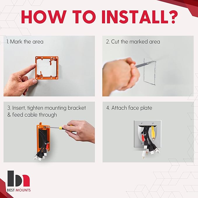 1 Pack Wall Plate Cable Pass Through with Bracket - In Wall Cable Management Kit - Recessed Cable Wall Plate Pair with Dual Gang Low Voltage Mounting Bracket - Decorator Cover for Low Voltage Cables
