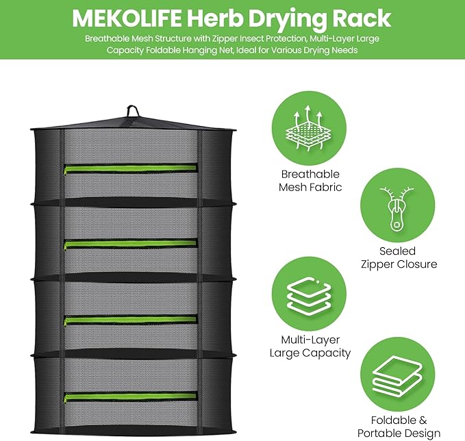 MEKOLIFE Herb Drying Rack Hanging-4 Layer, Plant Drying Rack, Bud Drying Net,Foldable Hanging Dry Rack Net with Green Zipper, Garden Shears & Hooks, for Herbs, Seeds Indoor/Outdoor (23.62")