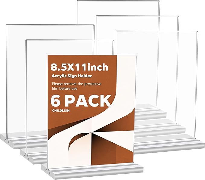 CHILDLION 6 Pack Acrylic Sign Holder 8.5x11 Inches, Double Sided Clear Display Stand Table Top Paper Holder, Vertical Menu Flyer Stand, Plastic Frame for Stores, Restaurants, Hotels, Office (6 Pack 8.5*11)