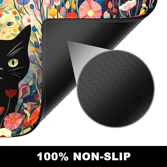 BOSOBO Extra Large Mouse Pad for Gaming and Office, XXL XL Desktop Full Cover Mat, 31.5 x 11.8 Inches, Pink Orange Flowers and Cat