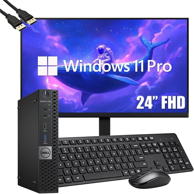 Dell OptiPlex 7050 mini Desktop Computer PC with 24" FHD Monitor, Intel Core i5-7500, 16GB RAM, 512GB SSD, Wi-Fi, Bluetooth, Keyboard & Mouse, Windows 11 Pro (Renewed)