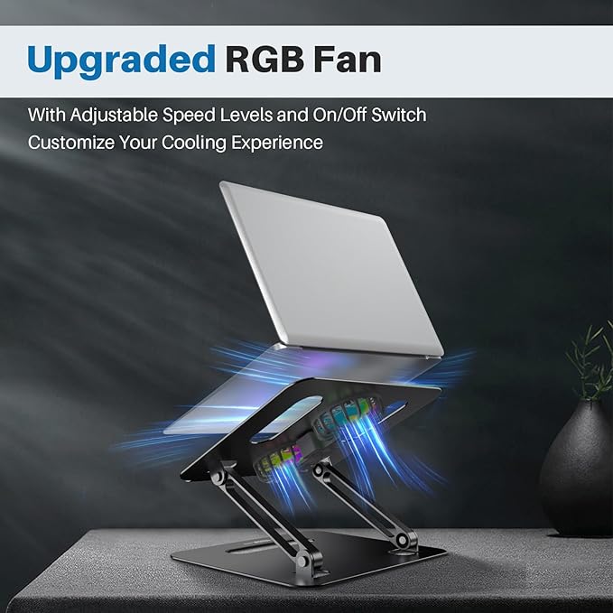 YICOSUN Adjustable Laptop Cooling Stand with 2 Quiet Fans & RGB Lighting, Aluminum Alloy & Foldable Ergonomic Design for MacBook, Lenovo, ASUS, Dell 10-16 Inch, Perfect for Gaming, DJ, Office - Black