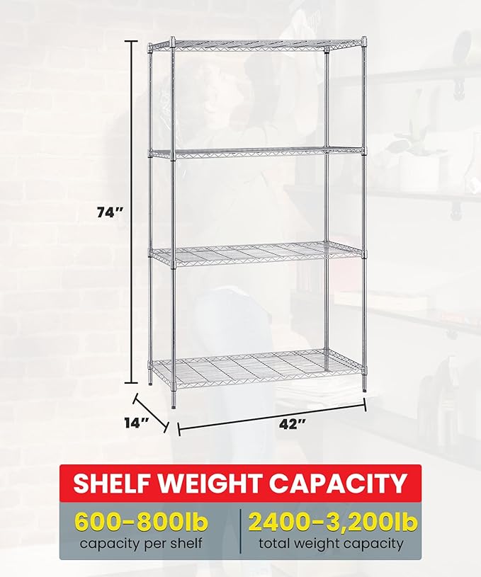 Quantum Storage Systems WR74-1442C Starter Kit for 74' High 4-Tier Wire Shelving Unit, Chrome Finish, 14' Width x 42' Length x 74' Height